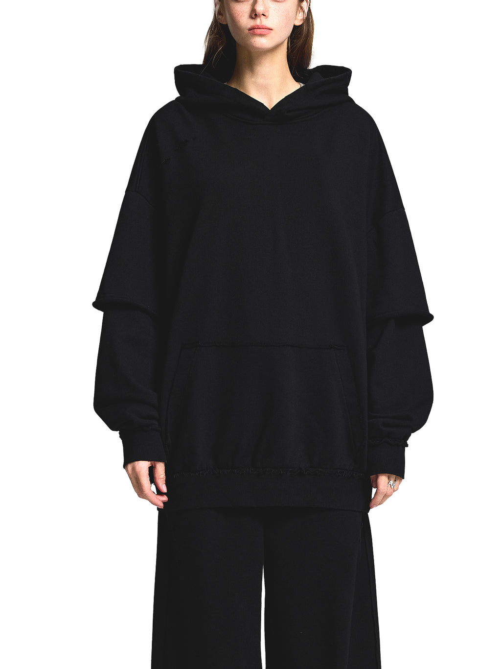 Snow Washed Raw Edge Double Layered Hoodie